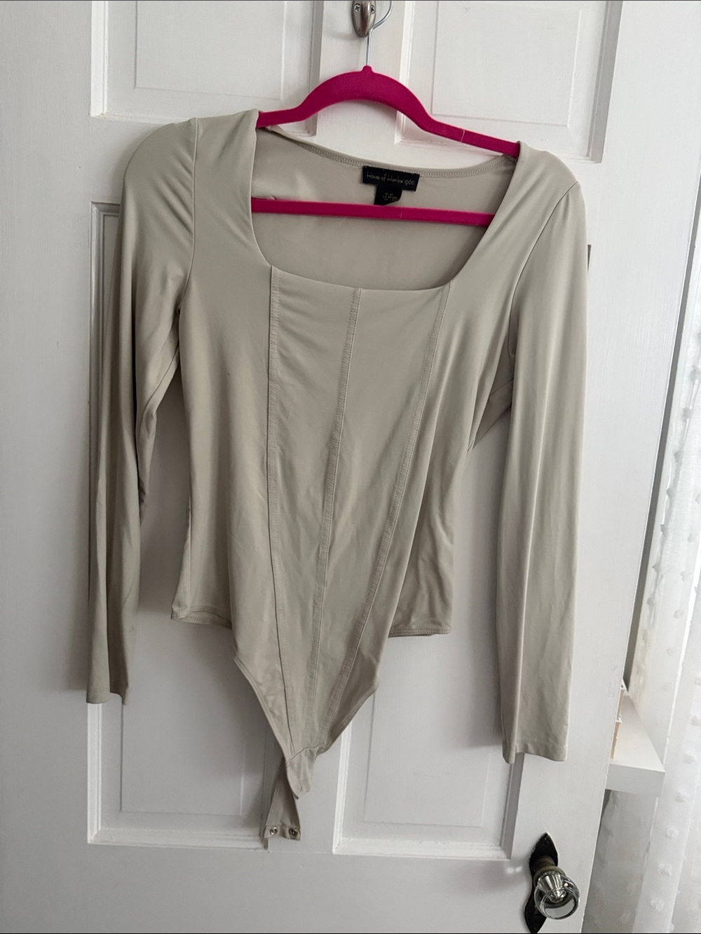 House of Harlow 1960 Long-Sleeve Scoop Neck Bodysuit in Light Beige